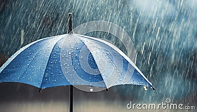 Blue umbrella under rainfall. closeup real drops in natural conditions Stock Photo