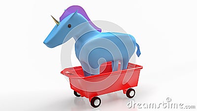 The blue unicorn on red cart for start up concept 3d rendering Stock Photo