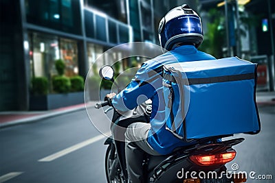 Blue uniformed rider delivers food or parcels efficiently on a motorcycle Stock Photo