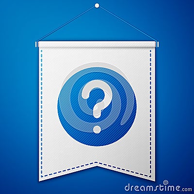 Blue Unknown search icon isolated on blue background. Magnifying glass and question mark. White pennant template. Vector Vector Illustration