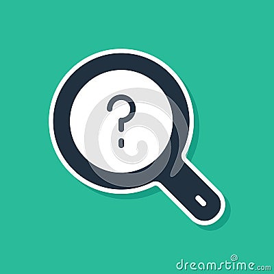 Blue Unknown search icon isolated on green background. Magnifying glass and question mark. Vector Stock Photo