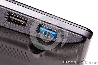 A Blue USB 3.0 port on a computer close-up Stock Photo