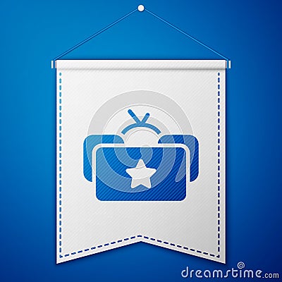 Blue Ushanka icon isolated on blue background. Russian fur winter hat ushanka with star. Soviet Union uniform of KGB and Vector Illustration