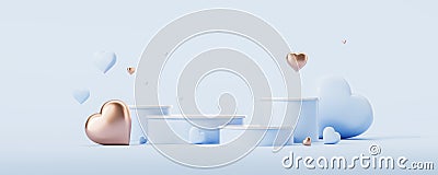 Blue Valentines day product placement pedestals and hearts Stock Photo