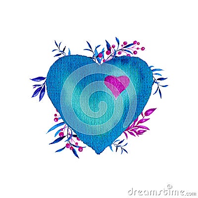 Blue valentines heart with blue plants isolated on white background. Stock Photo