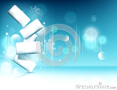 Blue vector. Chewing gum on background of snowflakes and bokeh. Vector Illustration