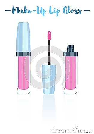 Blue vector illustration of a beauty utensil pink lipstick makeup product with pigments, oils, waxes, and emollients that apply c Cartoon Illustration
