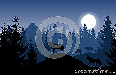 Blue vector landscape with a pack of wolves in dense forest with Vector Illustration