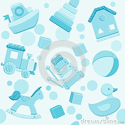 Blue vector seamless pattern with baby toys Vector Illustration