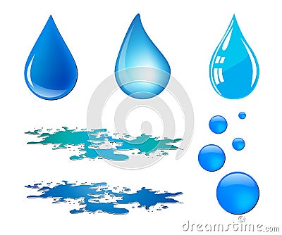 Blue vector waterdrop and puddle set isolated on white background Vector Illustration