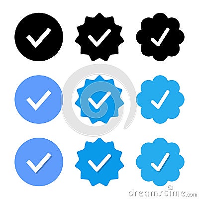 Blue verified badge icon vector. Tick, check mark sign symbol of social media profile Vector Illustration