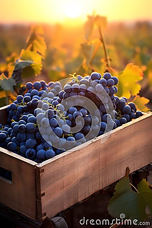 Blue vine grapes harvested in a wooden box with vineyard and sunshine. Stock Photo
