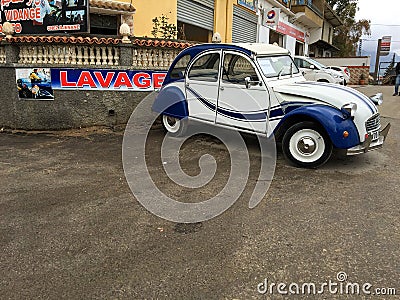 Blue vintage Citroen cv2 parked near the car wash. Editorial Stock Photo