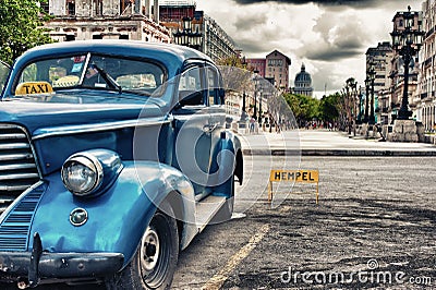 Blue vintage classic car parked in Old Havana street Editorial Stock Photo