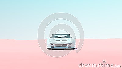 Blue Vintage Sports Car Desert Sand Blue Sky Sunny Road Trip Rest Break Isolated Driving Pastel Serene Tranquillity Cartoon Illustration