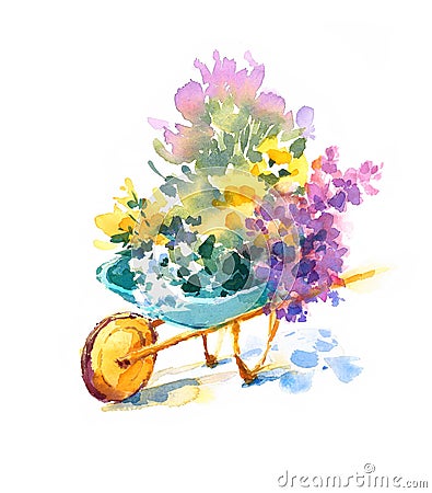 Blue Vintage Wheelbarrow with flowers Watercolor Summer Garden Illustration Hand Painted Cartoon Illustration