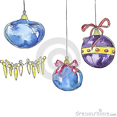 Blue and violet christmas balls. Watercolor sketch. Cartoon Illustration