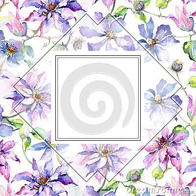 Blue violet clematis bouquet botanical flowers. Watercolor background illustration set. Frame border ornament square. Cartoon Illustration