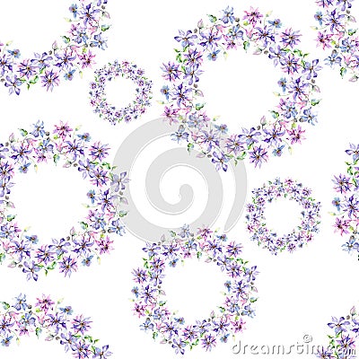 Blue violet clematis bouquet floral botanical flowers. Watercolor illustration set. Seamless background pattern. Cartoon Illustration