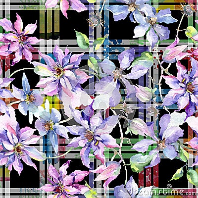 Blue violet clematis bouquet floral botanical flowers. Watercolor illustration set. Seamless background pattern. Cartoon Illustration