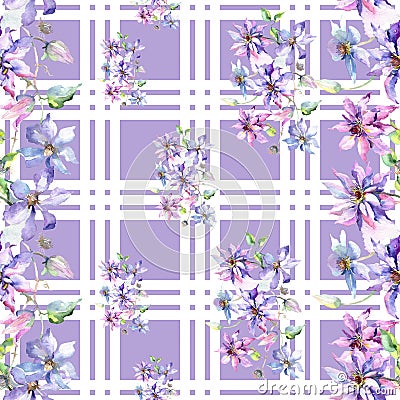 Blue violet clematis bouquet floral botanical flowers. Watercolor illustration set. Seamless background pattern. Cartoon Illustration
