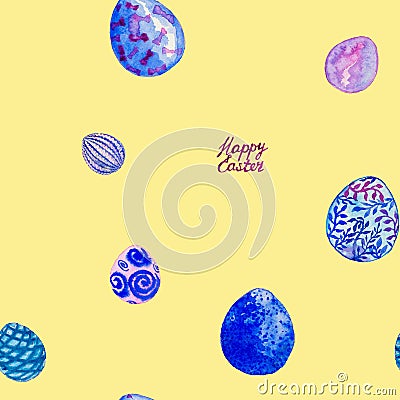 Blue and violet Easter eggs on yellow background. Stock Photo