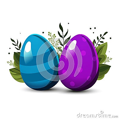 Blue violet Easter striped eggs with polka dots with green leaves on background. Vector for design Vector Illustration