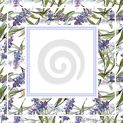 Blue violet lavender floral botanical flowers. Watercolor background illustration set. Frame border ornament square. Cartoon Illustration