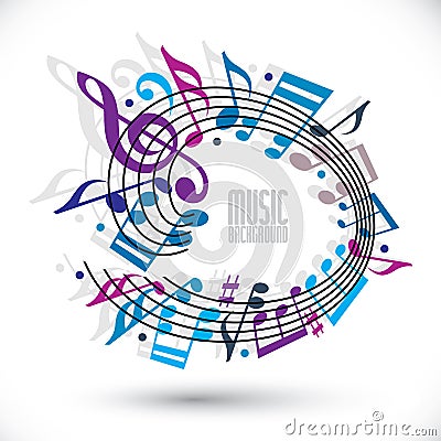 Blue and violet music background with clef and notes. Vector Illustration