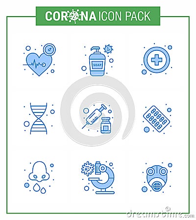 COVID19 corona virus contamination prevention. Blue icon 25 pack such as syringe, drugs, hand wash, genome, dna Vector Illustration