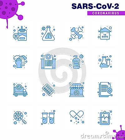 16 Blue Coronavirus Covid19 Icon pack such as washing, hands, cross, healthcare, quarantine Vector Illustration