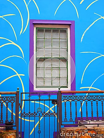 Blue wall of the house with purple window. Porch with wicket Stock Photo