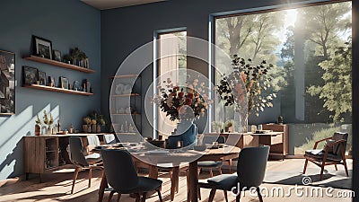 Blue-Walled. Classic Chic Dining Room. Generative AI Stock Photo