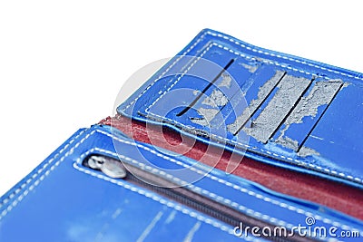 Blue wallet breakage was because of the deterioration. Artificial leather material Stock Photo