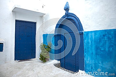 Blue painted doors and walls in Kasbah of the Udayas, Rabat, Morocco Stock Photo