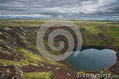 Blue water in Kerid volcano lake in Iceland on Golden circle on island Stock Photo