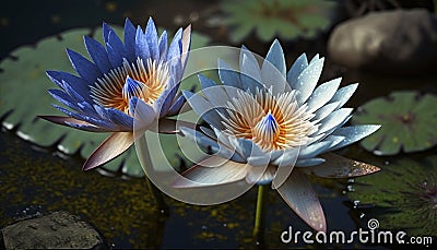 Blue water lily nymphaea lotus flowers AI Generated Stock Photo