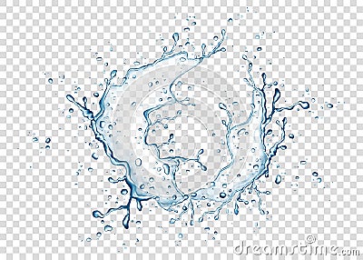 Blue water splash and drops isolated on transparent background. Vector Illustration