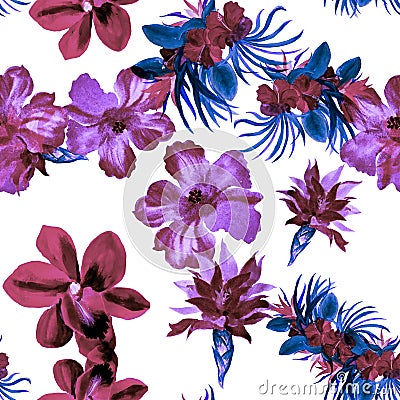 Blue Watercolor Backdrop. Pink Flower Decor. Purple Seamless Illustration. Lavender Hibiscus Illustration. Pattern Wallpaper.Tropi Stock Photo