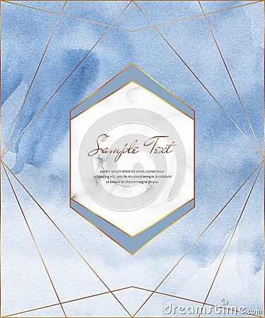 Blue watercolor brush stroke card with gold polygonal lines and geometric frame. Modern template for wedding invitation, greeting, Stock Photo