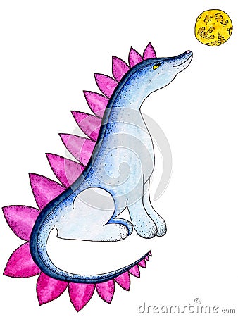 Blue watercolor dinosaur with a yellow moon on a white background Cartoon Illustration