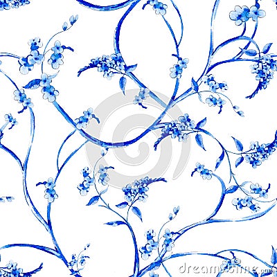 Blue watercolor flower vintage seamless pattern Cartoon Illustration