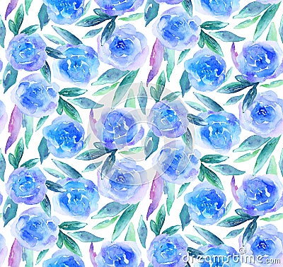 Blue watercolor flowers pattern. Teal floral Stock Photo