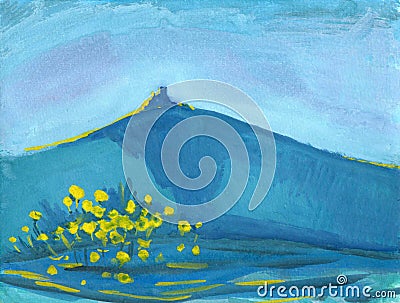 Blue watercolor hand drawn background with castle on the hill, yellow flowers and waves on the lake Stock Photo