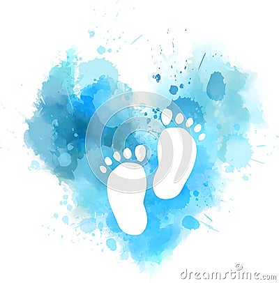 Blue watercolor heart with baby footprints Vector Illustration