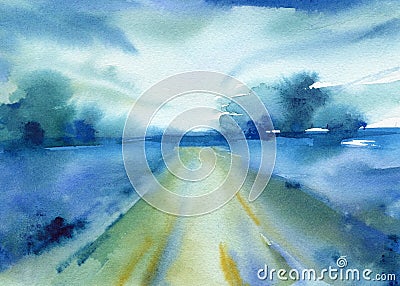 Blue watercolor landscape, road, field. Nature illustration Cartoon Illustration