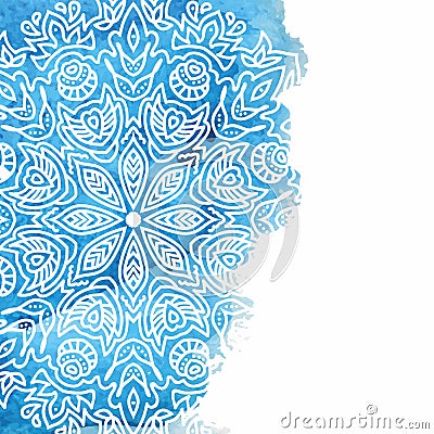 Blue watercolor paint background with white hand drawn round doodles and mandalas. Vector Illustration