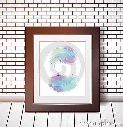 Blue watercolor stains in a black frame on a white brick wall Vector Illustration