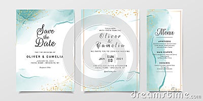 Blue watercolor wedding invitation card template set with gold glitter and line decoration. Abstract background save the date, Vector Illustration