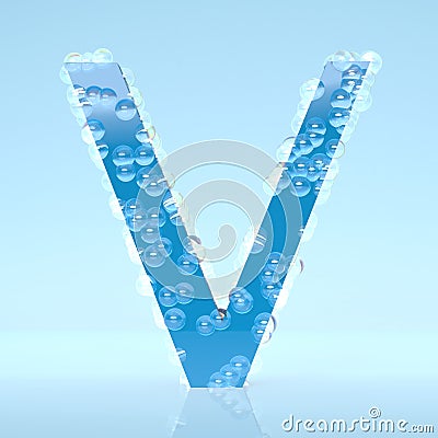 Blue Waterdrops letter V isolated on light blue background Stock Photo